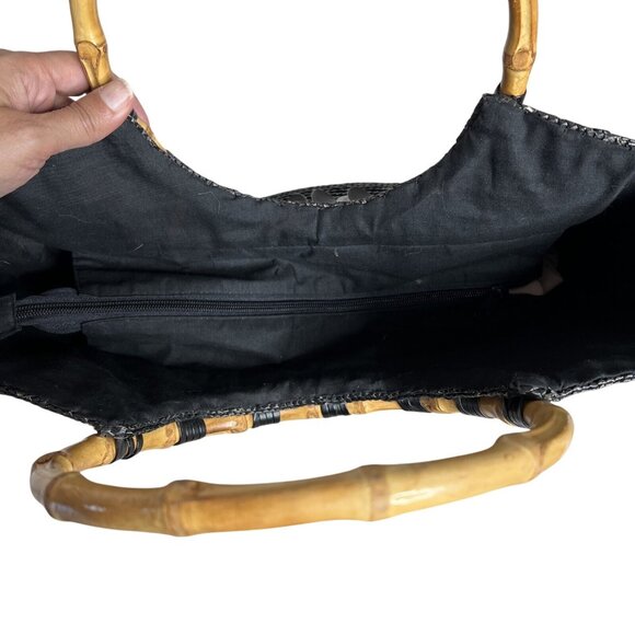 Black Woven Tote With Bamboo Handles & Colorful Embellishments - Picture 4 of 11